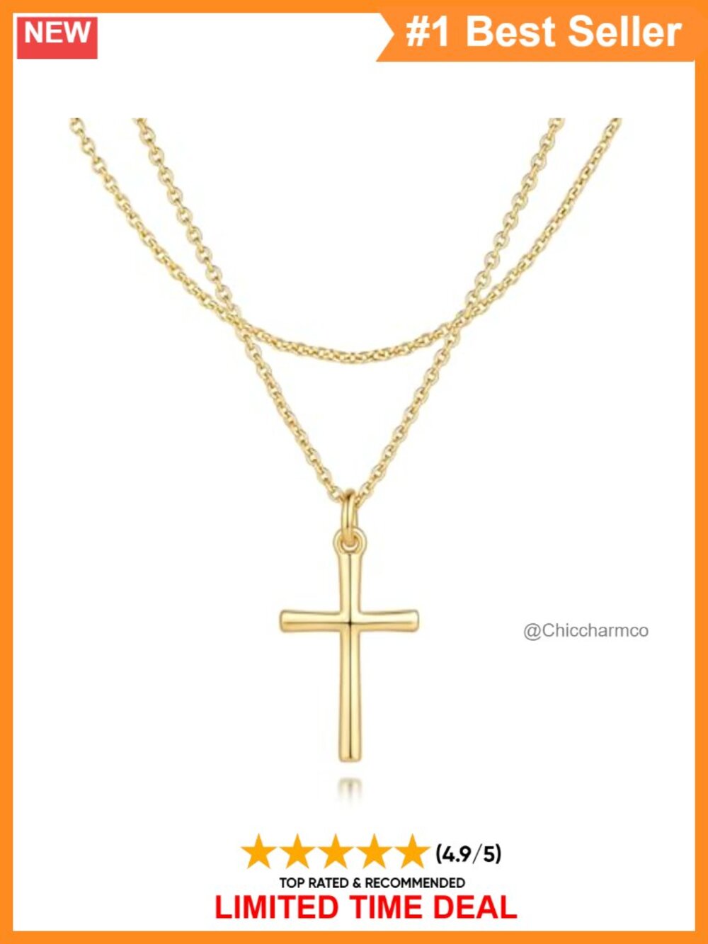 14K Gold Plated Cross Necklace O Chain Adjustable 45cm